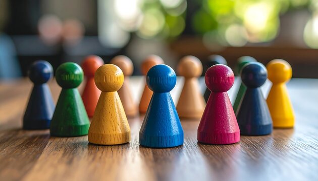 Colorful wooden game pieces arranged in a circle on a wooden table