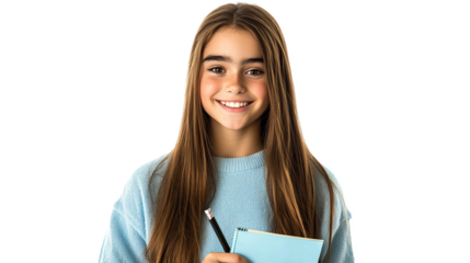 A cheerful young student with long, straight hair smiles at the camera, isolated on a transparent background. PNG