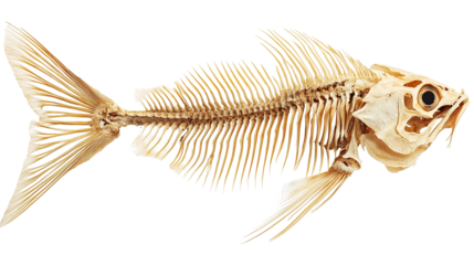Complete fish skeleton with head and tail isolated on transparent background. PNG