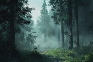 Fototapeta premium A misty forest path winds through tall, dark evergreens, shrouded in a thick, ethereal fog, with low-lying vegetation lining the trail
