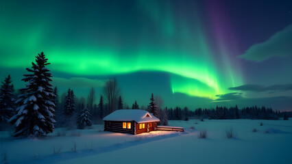 Cozy Cabin Under Northern Lights in Snowy Winter Landscape