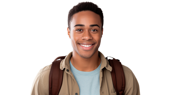 A confident young African-American college student with a backpack and smiling at the camera on a transparent background. PNG
