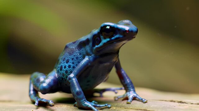 Vibrant Blue Poison Dart Frog in Tropical Rainforest Habitat, Detailed Close-Up of Exotic Amphibian