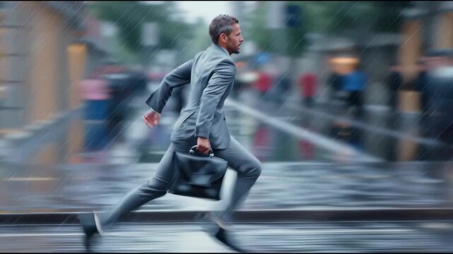 A man in a rush, dressed in a business suit, running through a crowded city street, rain pouring down, briefcase in hand, expression of urgency, dynamic motion blur, cityscape background, realistic