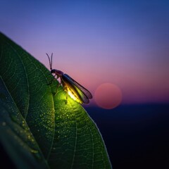 Firefly Glowing on a Leaf at Sunset