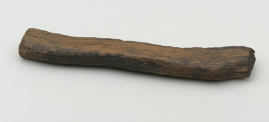 Dark brown, slightly curved, oblong piece of wood or similar material, showing texture and grain