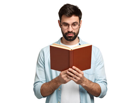 Portrait of a handsome man reading a book with a thoughtful and slightly confused expression, isolated on transparent background