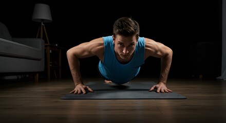 A determined man performing a push-up on a mat in a dimly lit room, focusing on his fitness journey