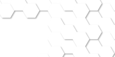 Minimal white hexagonal with hexagon modern technology creative emboss light honeycomb polygonal web. abstract geometric science and mosaic tile with template texture background.	