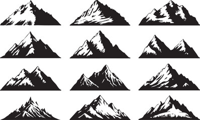 A collection of vector mountain silhouettes depicting iconic peaks and diverse landscapes