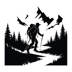 Fototapeta premium Mountain Hikers Silhouette Walking Through Forest Trail Vector