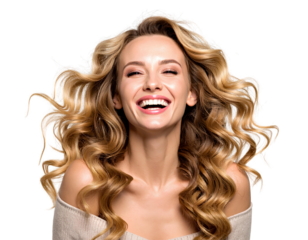 Portrait of a joyful woman with voluminous curly blonde hair, smiling brightly, isolated on transparent background