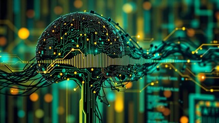 Abstract digital brain with glowing circuits and data streams