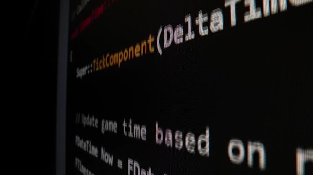 Closeup macro shot movement of coding script moving across LED screen with real-time AI-generated typing, showcasing advanced AI learning in optimization, debug and coding for software development.