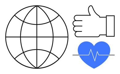 Globe outline, thumbs-up, and heart with heartbeat line represent global interaction, health awareness, and approval. Ideal for healthcare, global initiatives, social media, wellness communication