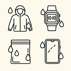 Set of waterproof gear icons. Essential items for wet conditions and protection. Vector design for digital use.