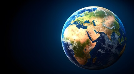 Fototapeta premium This realistic image depicts a detailed view of Earth against a dark blue background, showcasing continents and ocean, emphasizing Europe, Africa, and Asia.