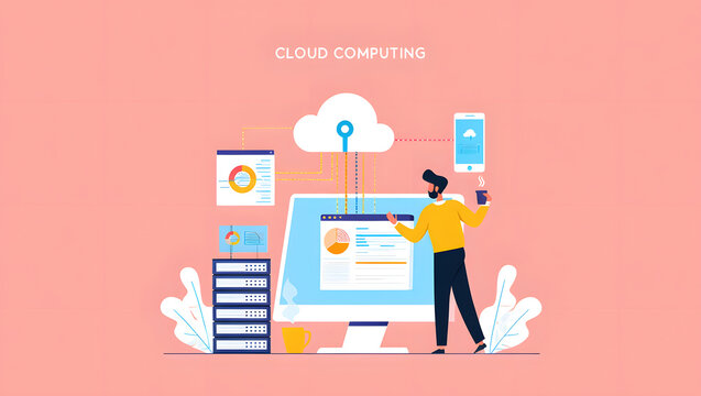 Modern Man Accessing Cloud Computing Data:  Stylish Flat Design Illustration