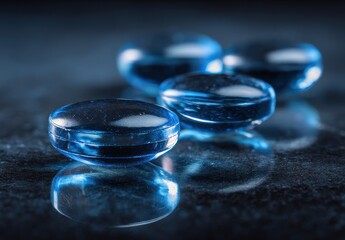 Translucent Blue Gel Capsules Reflecting on Dark Surface, Macro Shot
