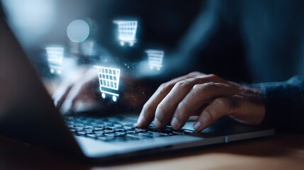 Entrepreneur managing an online store on a laptop in a digitally lit workspace