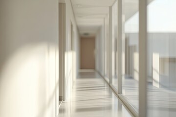 Obraz premium Sunlit minimalist hallway with large windows and light-colored walls and floor, extending to a closed door
