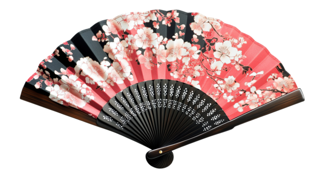 Elegant folding hand fan fully opened with a blooming cherry blossom design isolated on a transparent background. PNG