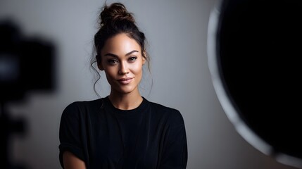 Portrait of a stylish woman in a studio setting with dramatic lighting