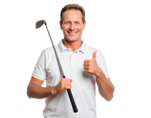 Smiling man in casual polo shirt holding a golf club and giving a thumbs up, isolated on transparent background