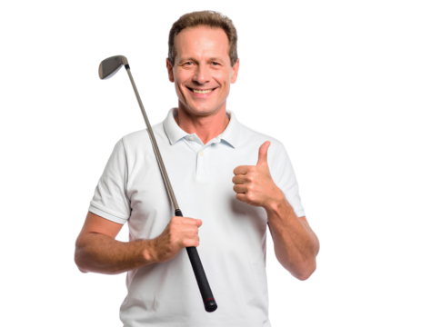 Smiling man in casual polo shirt holding a golf club and giving a thumbs up, isolated on transparent background