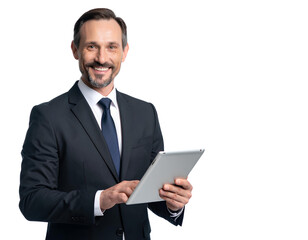 Confident executive manager in formal suit smiling while holding a tablet, isolated on transparent background
