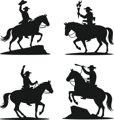 Silhouettes of Cowboys on Horses in Various Poses, Wild West Western Style, Horseback Riding, Cowboy Culture, Vintage Americana, Lone Rider, Desert Landscape, and Western Adventure Iconography, Black 