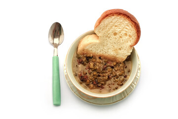 bean porridge is a typical Indonesian food. bean porridge lots of vitamins. bean porridge tastes sweet and gravy. bean porridge isolated on white