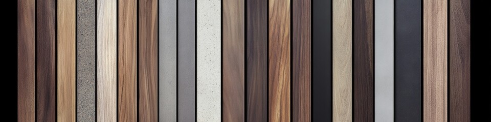 Vertical arrangement of numerous narrow, parallel planks in various shades of brown, gray, and beige, exhibiting a diverse palette of wood and possibly composite materials