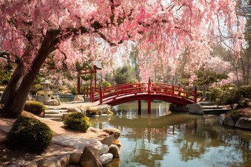 Obraz premium Serene traditional Japanese garden in full bloom, with cherry blossom trees, a red arched bridge over a koi pond
