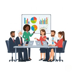 a flat style of a group of diverse people leading a discussion at a table near a whiteboard with charts and graphs