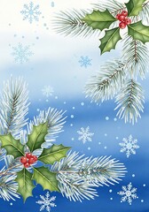 Winter's elegance: A festive illustration with snowy branches and vibrant holly berries