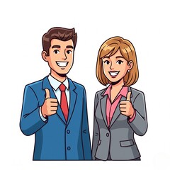 Fototapeta premium illustration of young smiling man and woman in business suits with thumbs up.