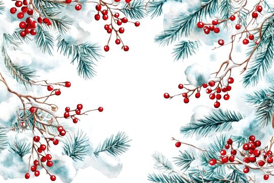 Watercolor winter border of snow-dusted pine branches and vibrant red berries, creating a festive, blank-centered design