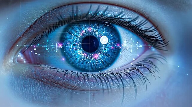 Futuristic Blue Eye with Digital Network Overlay and Glowing Lights