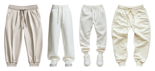 Four pairs of casual cream and white sweatpants displayed with elastic waistbands and drawstrings transparent background