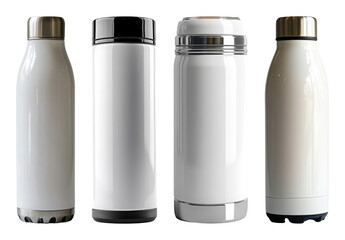 Four white insulated water bottles with different metallic caps and bases transparent background