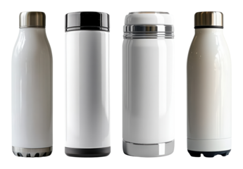 Four white insulated water bottles with different metallic caps and bases transparent background