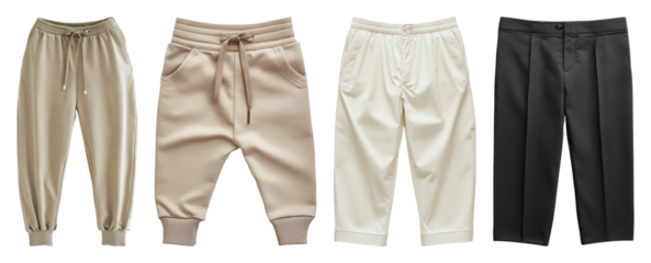Four pairs of pants including two joggers one cream colored casual style and one black formal pant transparent background
