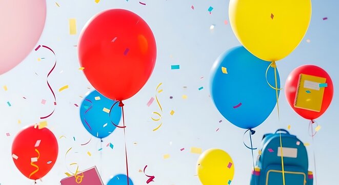 Colorful balloons and confetti floating in the air with a backpack and school supplies visible below - Powered by Adobe