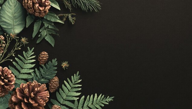 Dark background framed by pine cones, foliage, and greenery - Powered by Adobe