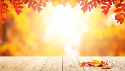 紅葉と木のテーブルの秋の背景