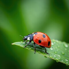 Obraz premium Ladybug on Leaf with Water Droplets