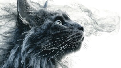 Gray cat portrait, smoke-like fur, profile view