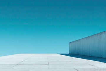 Minimalist scene of a light grey concrete plaza meeting a tall, light grey concrete wall against a vibrant turquoise sky