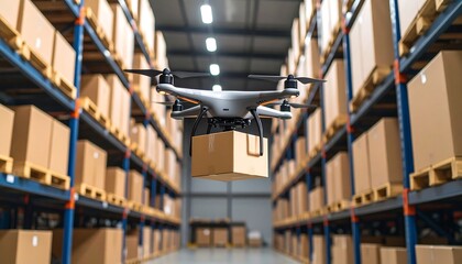 Drone delivering package in warehouse